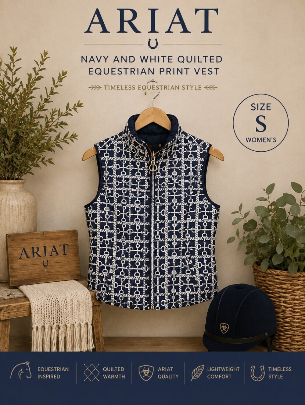 Ariat Navy and White Quilted Equestrian Print Vest